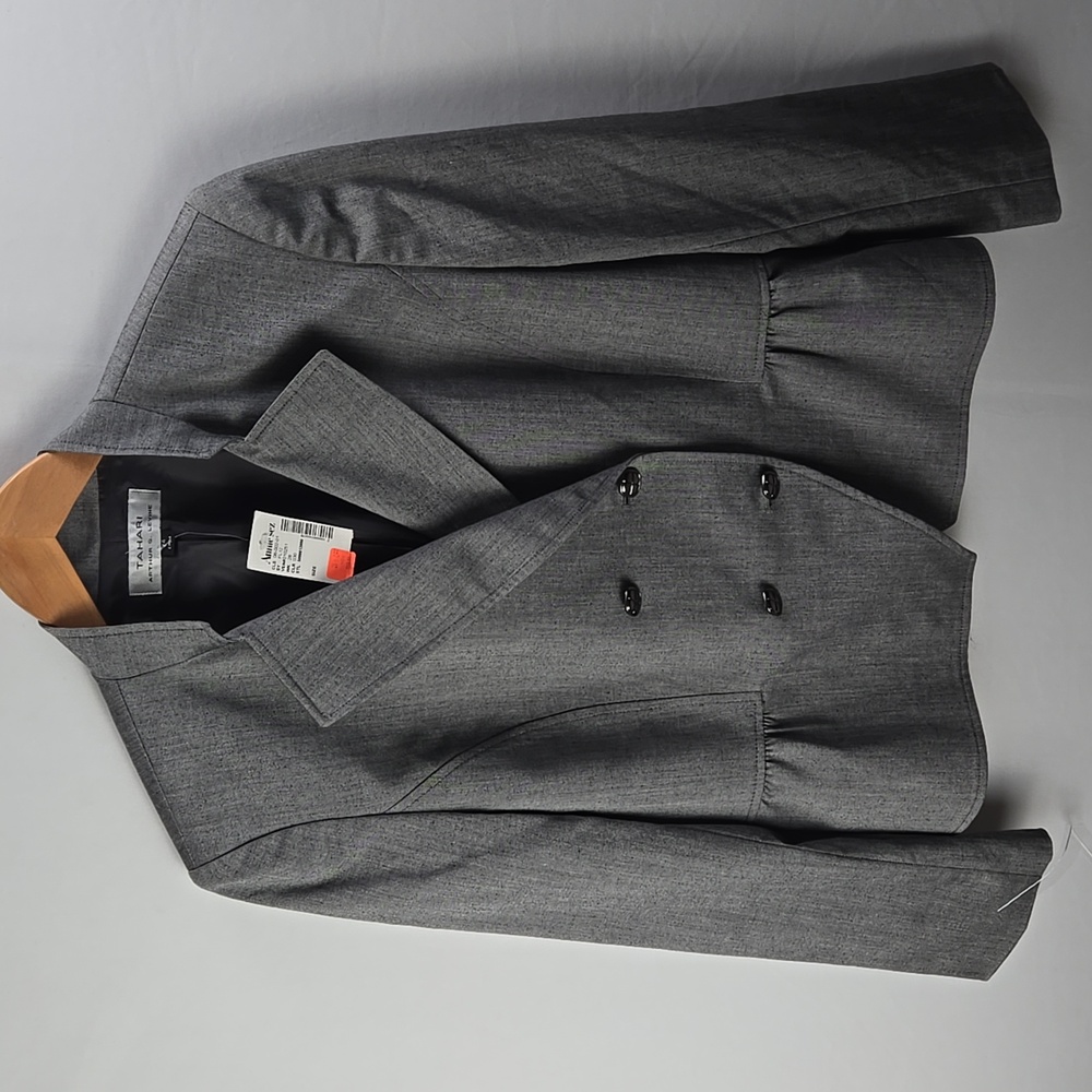 Tahari‎ Womens Gray Ruffle Cropped  Career Blazer Sz 14 Classic Capsule Business